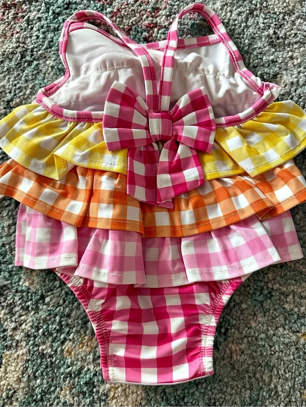 mudpie Checkered Ruffle One-Piece Pink & Yellow Baby 3-6M Like New